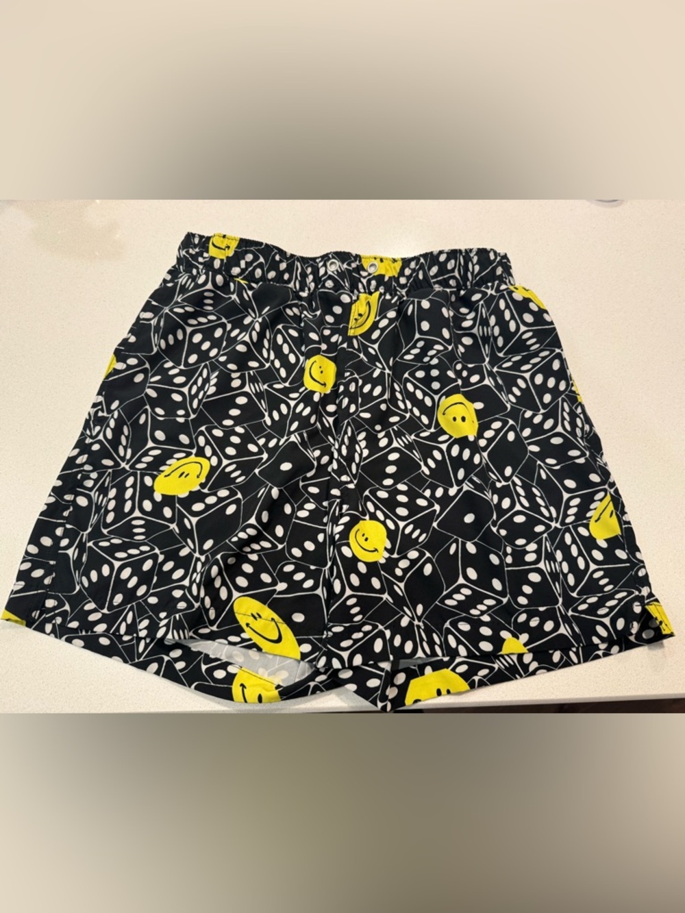 Black Dice & Yellow Smiley Print pool Shorts